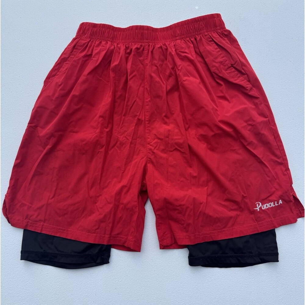 Pudolla Mens 2 In 1 Compression Shorts Running Drawstring & Elastic Waist Size S